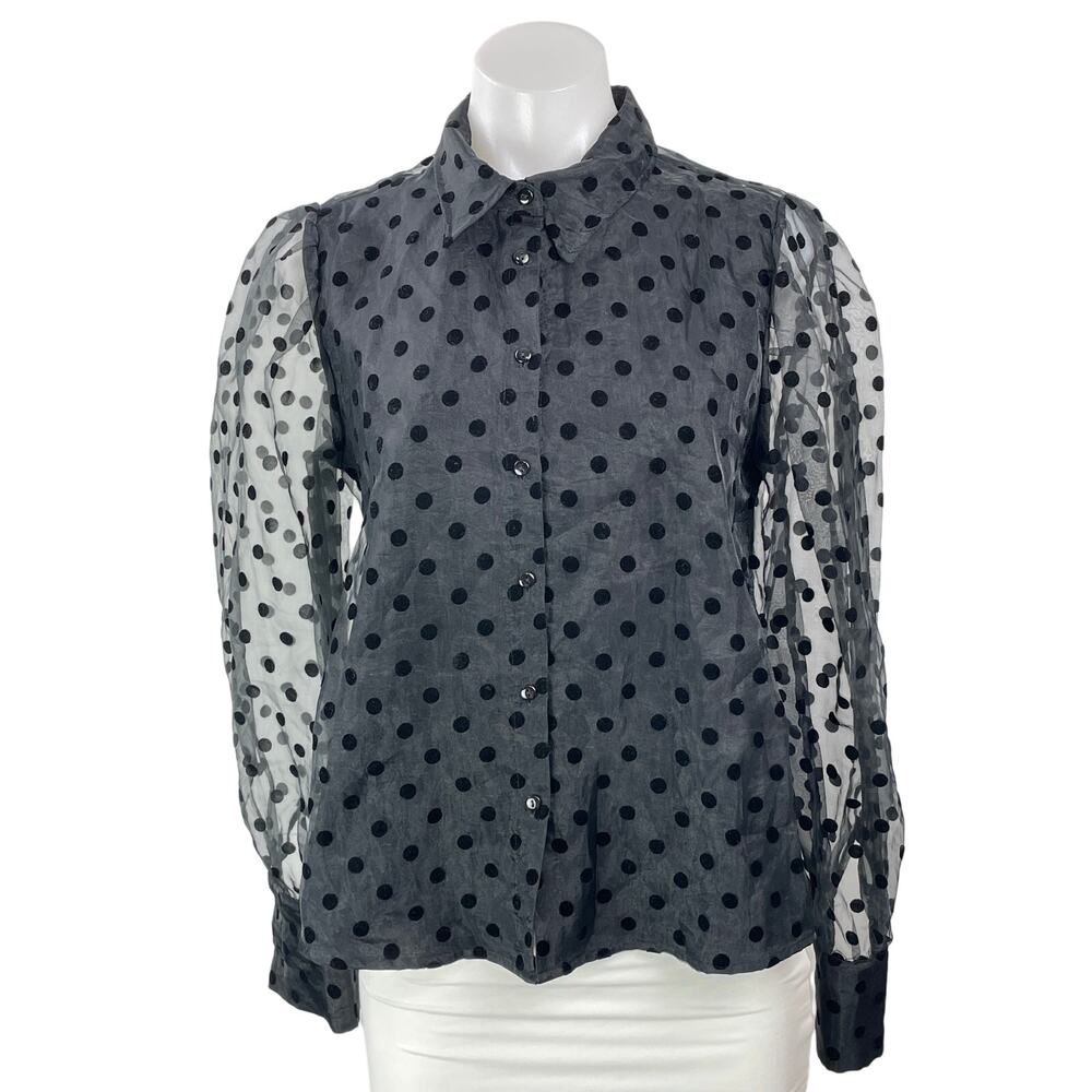 MNG Mango Black Polka Dot Mesh Sheer Long Sleeve Button Down Blouse Top Size S